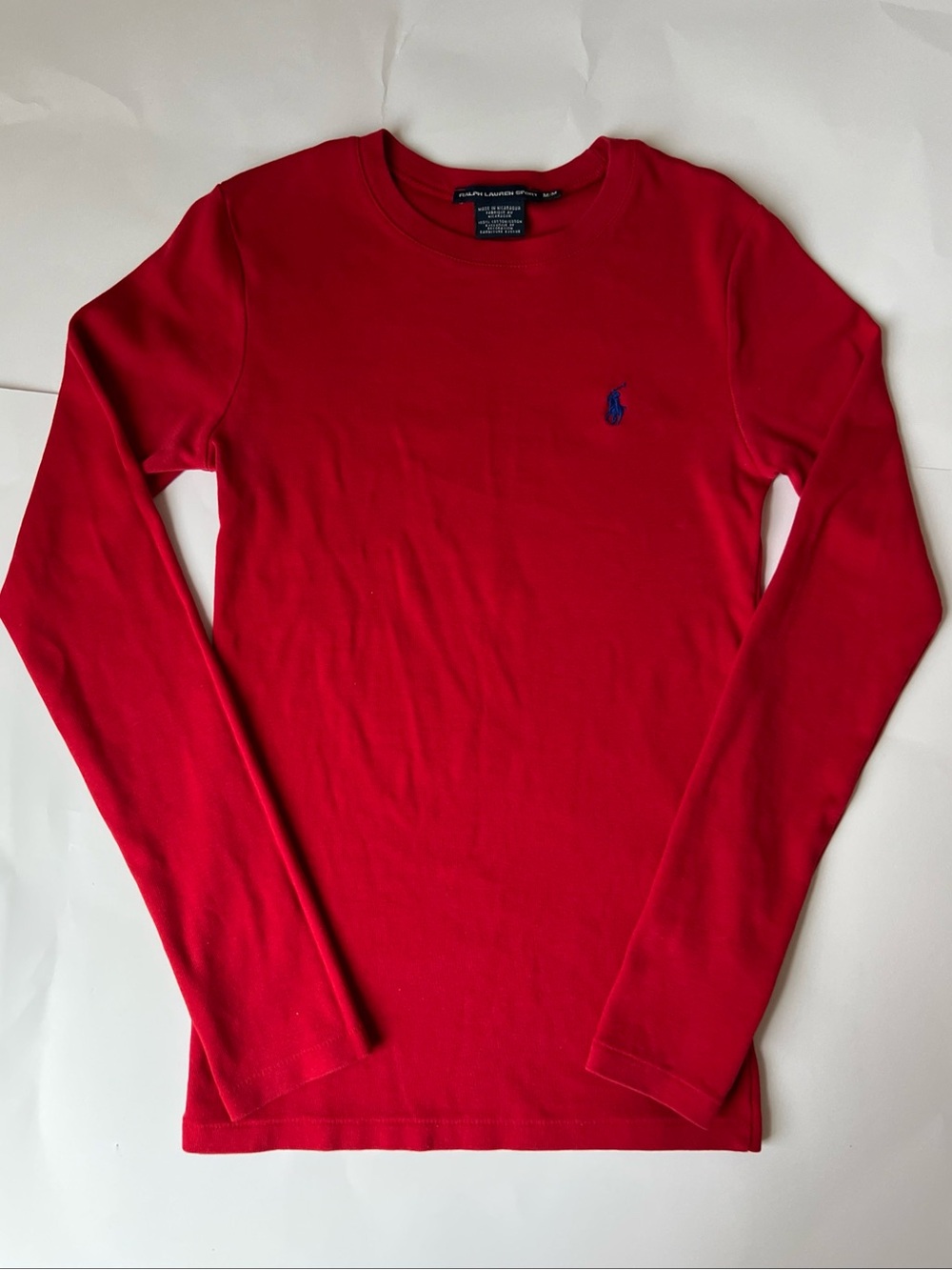 Ralph Lauren women’s Sz M Long-Sleeve Crewneck Tee in Red with Navy Blue Pony